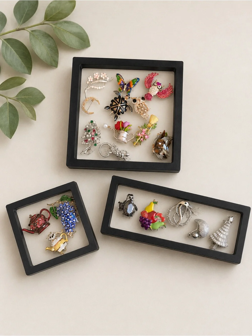 19 Assorted Vintage-Style Enamel & Rhinestone Brooch Pin Lot -w/ jewelry frames